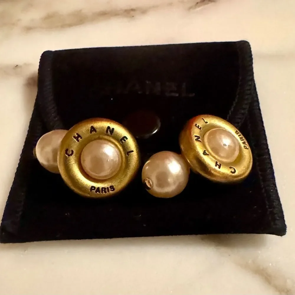 CHANEL Gold Plated and Cream Faux Pearl Vintage Cufflinks Authentic